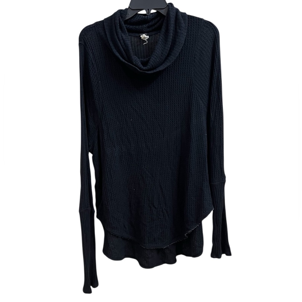 We The Free Black Waffle Knit Top Cowl Neck, size L